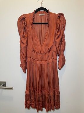 Ulla Johnson Burnt Orange Pleated V-Neck Midi Dress
